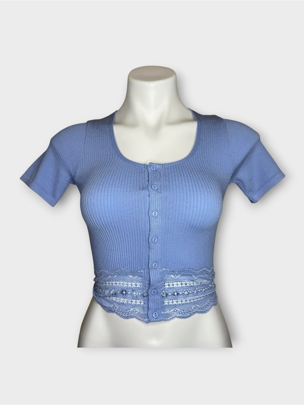 Forever 21 Blue Ribbed Lace Hem Button Up Knit Top